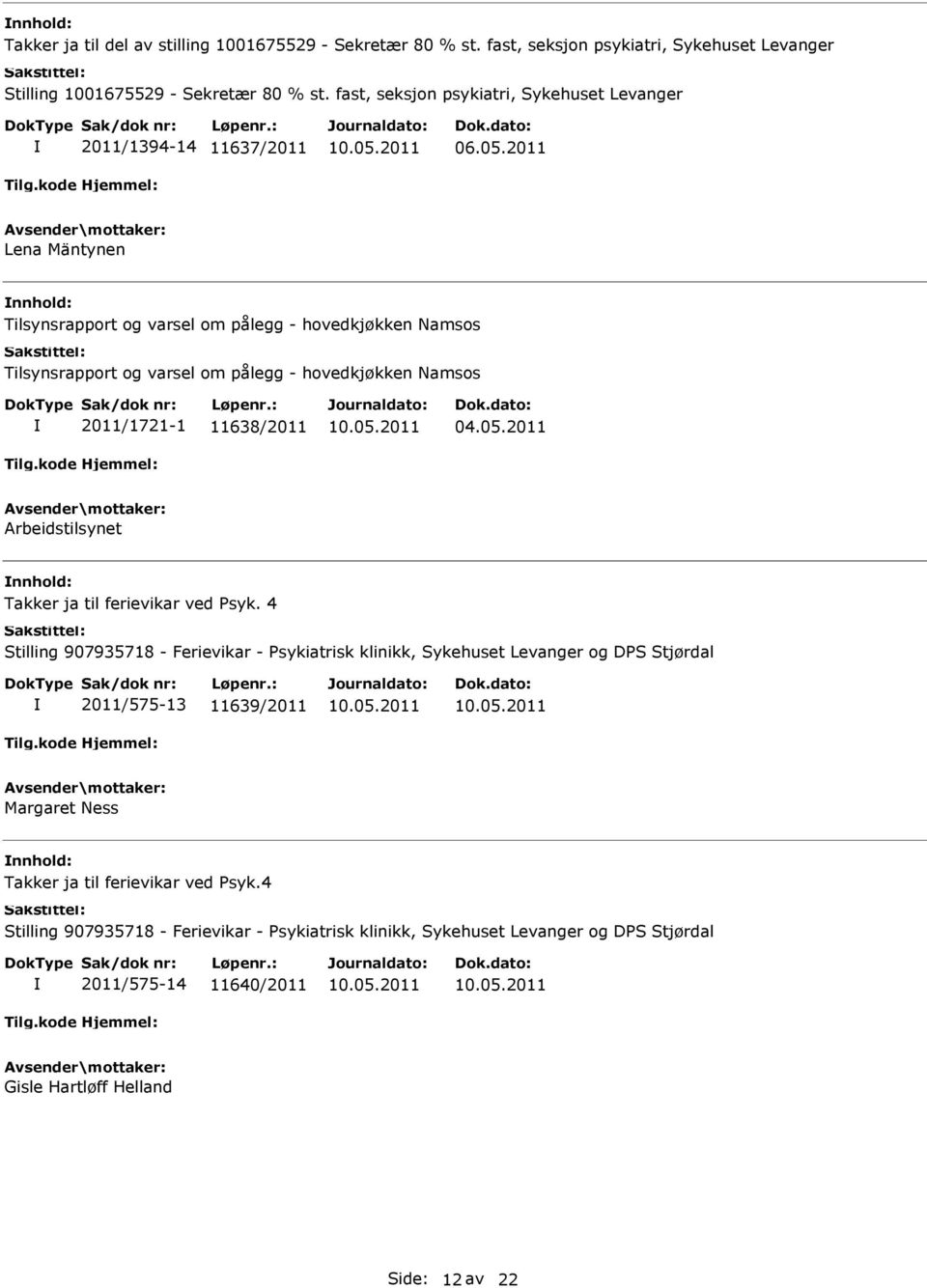 2011 Lena Mäntynen Tilsynsrapport og varsel om pålegg - hovedkjøkken Namsos Tilsynsrapport og varsel om pålegg - hovedkjøkken Namsos 2011/1721-1 11638/2011 Arbeidstilsynet Takker ja