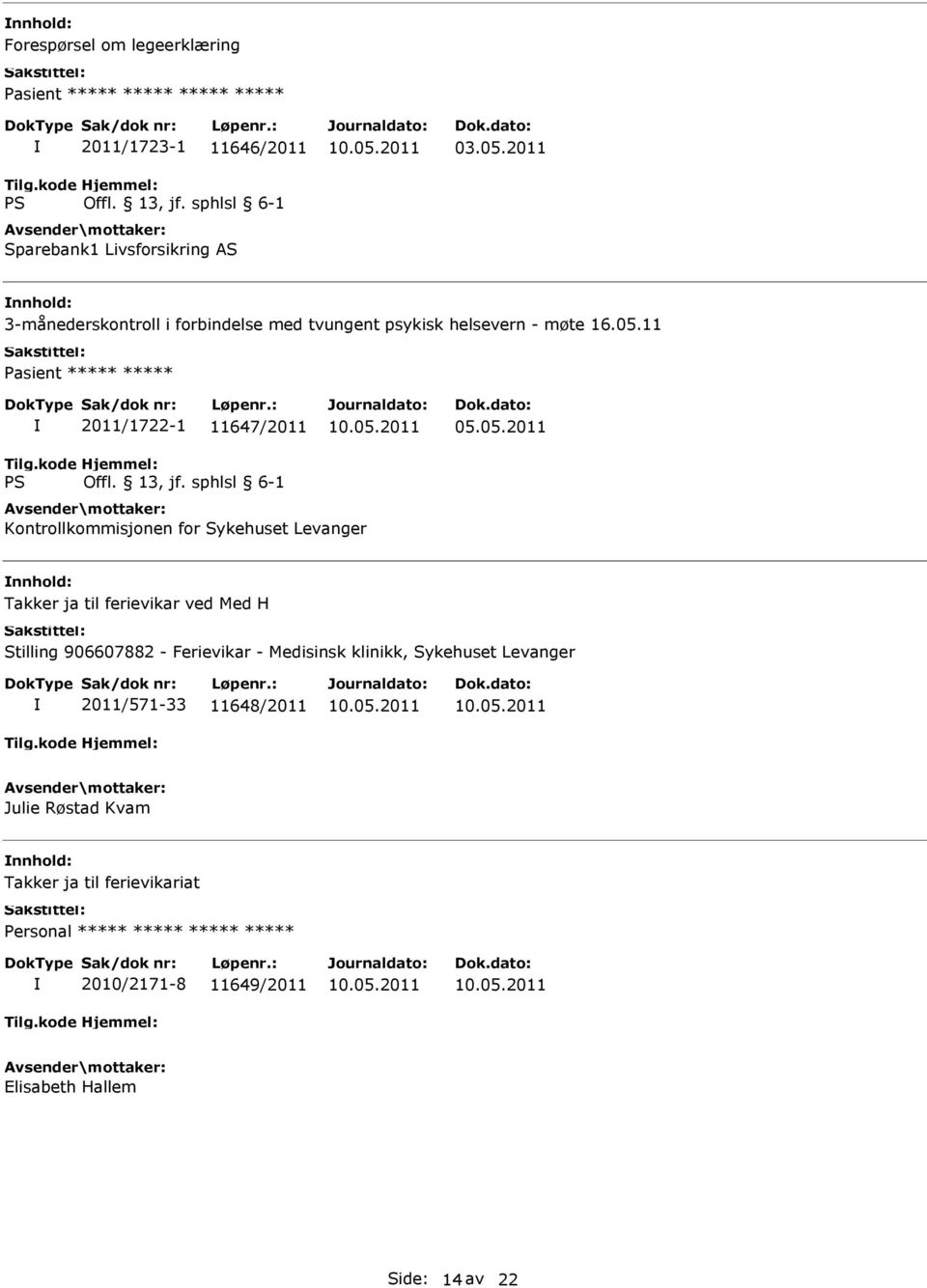 05.2011 Kontrollkommisjonen for Sykehuset Levanger Takker ja til ferievikar ved Med H Stilling 906607882 - Ferievikar - Medisinsk