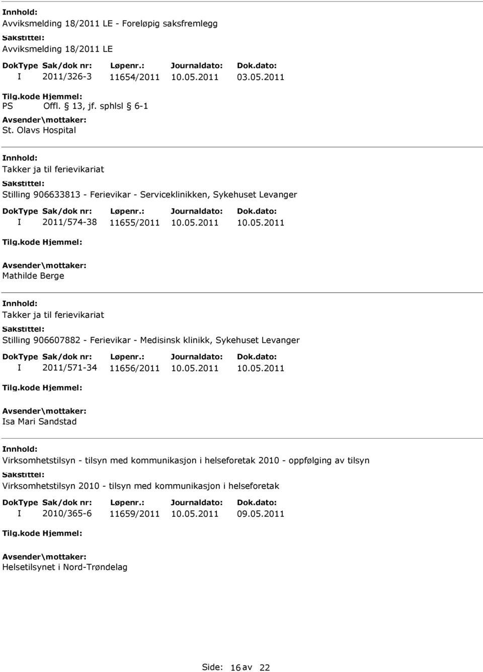 ferievikariat Stilling 906607882 - Ferievikar - Medisinsk klinikk, Sykehuset Levanger 2011/571-34 11656/2011 sa Mari Sandstad Virksomhetstilsyn - tilsyn med