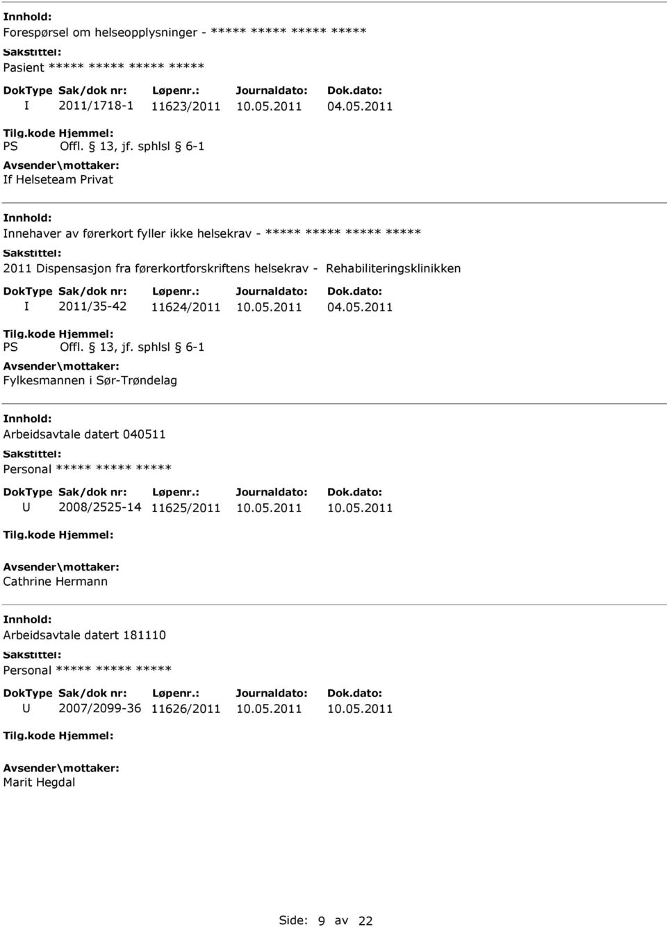 Rehabiliteringsklinikken 2011/35-42 11624/2011 Fylkesmannen i Sør-Trøndelag Arbeidsavtale datert 040511 Personal ***** *****