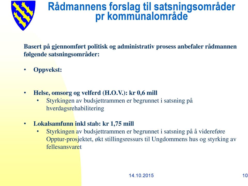 ): kr 0,6 mill Styrkingen av budsjettrammen er begrunnet i satsning på hverdagsrehabilitering Lokalsamfunn inkl stab: kr 1,75