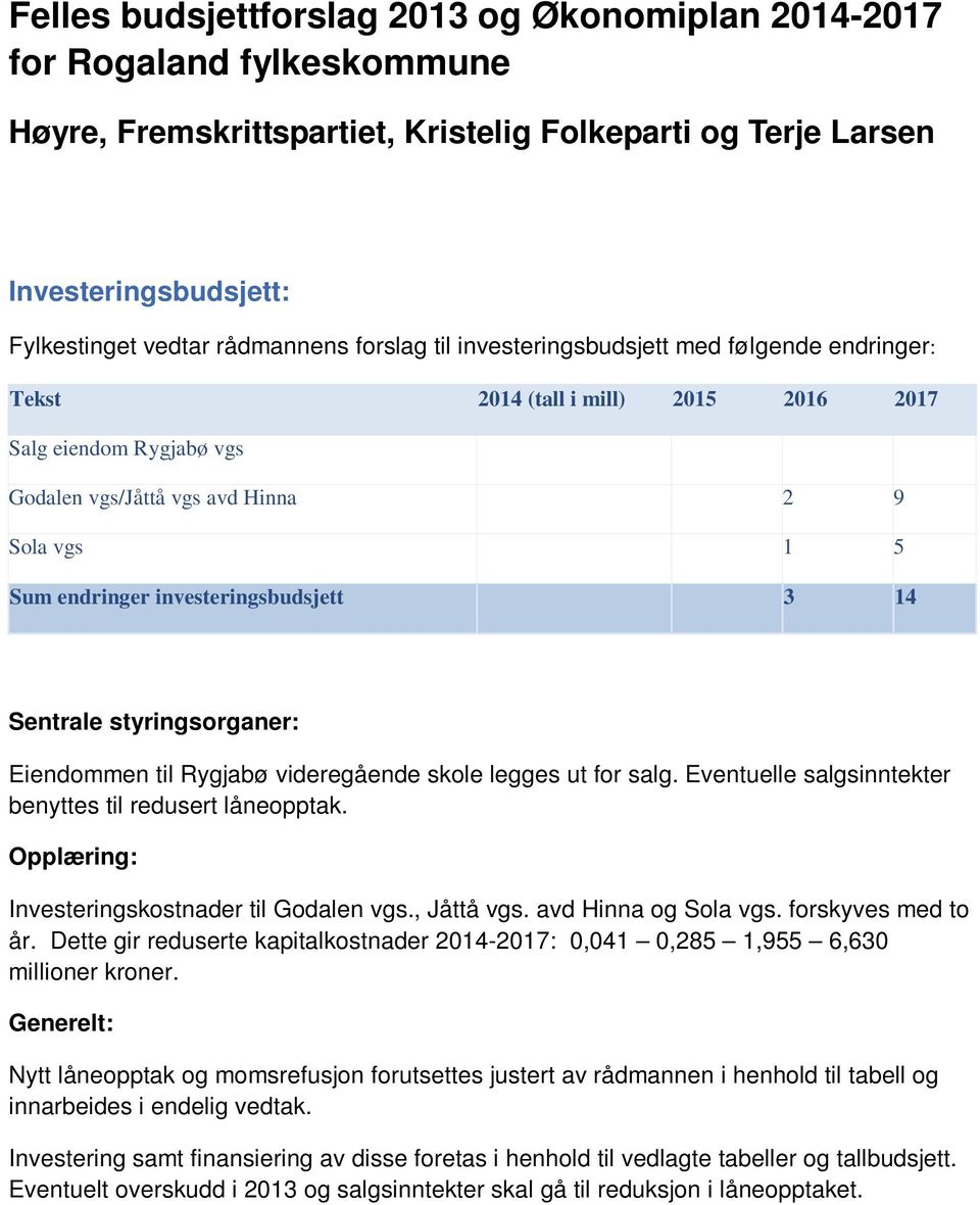 investeringsbudsjett 3 14 Sentrale styringsorganer: Eiendommen til Rygjabø videregående skole legges ut for salg. Eventuelle salgsinntekter benyttes til redusert låneopptak.