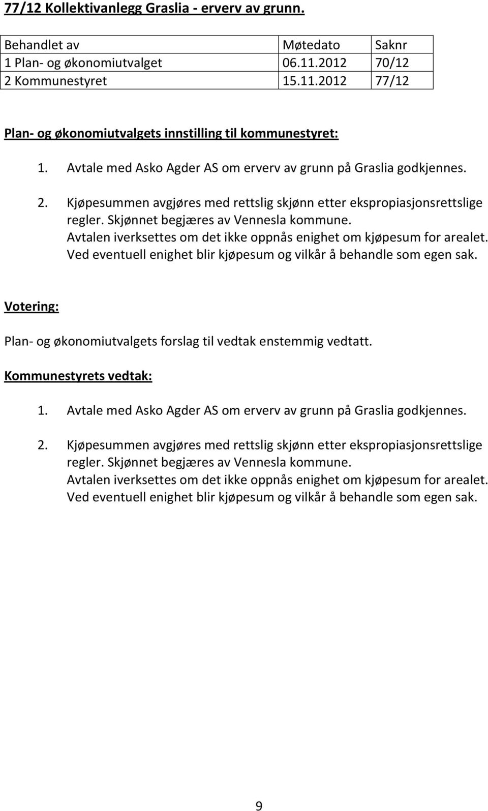Plan- og økonomiutvalgets forslag til vedtak enstemmig vedtatt. 1. Avtale med Asko Agder AS om erverv av grunn på Graslia godkjennes. 2.
