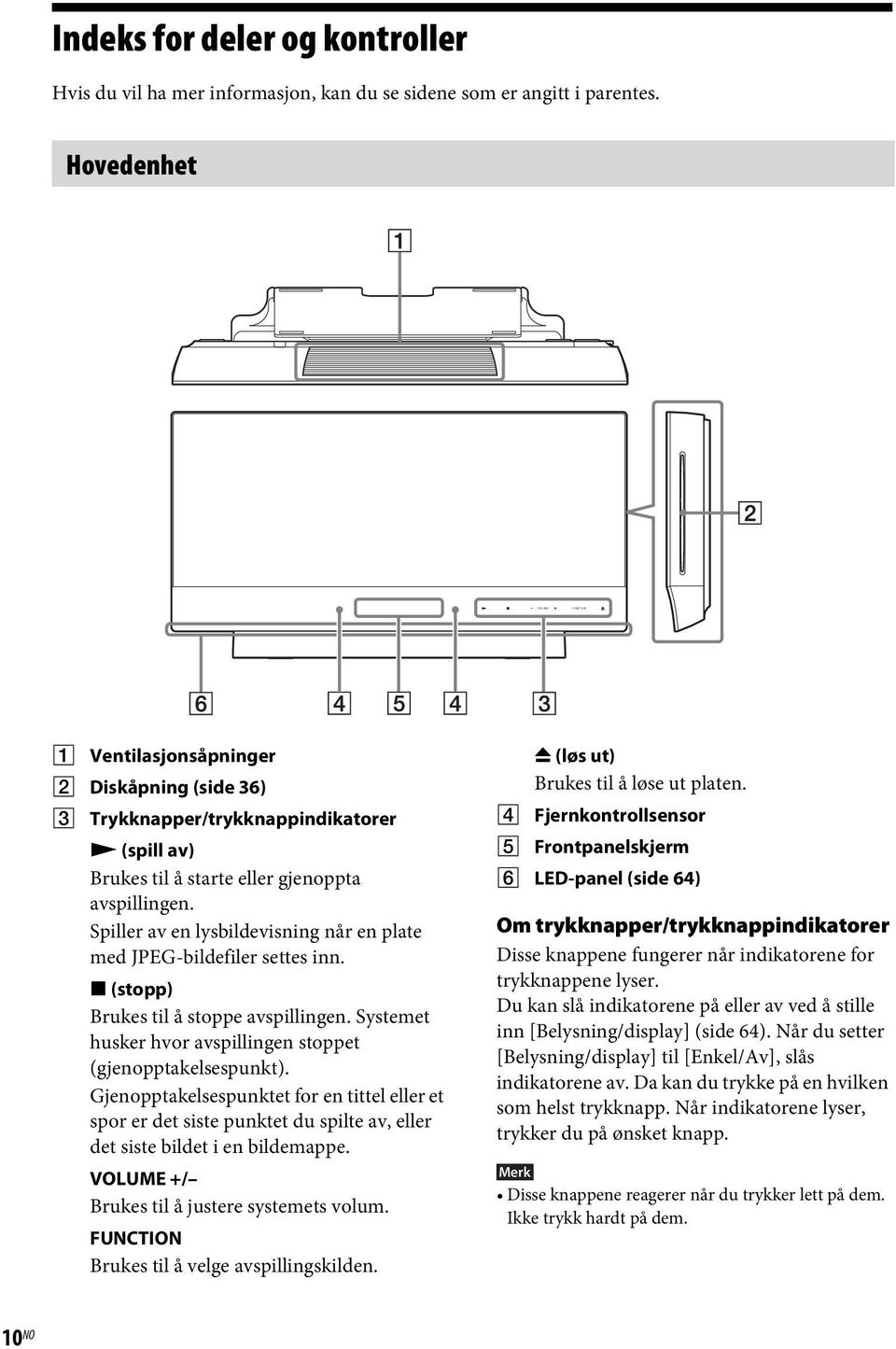 Spiller av en lysbildevisning når en plate med JPEG-bildefiler settes inn. x (stopp) Brukes til å stoppe avspillingen. Systemet husker hvor avspillingen stoppet (gjenopptakelsespunkt).