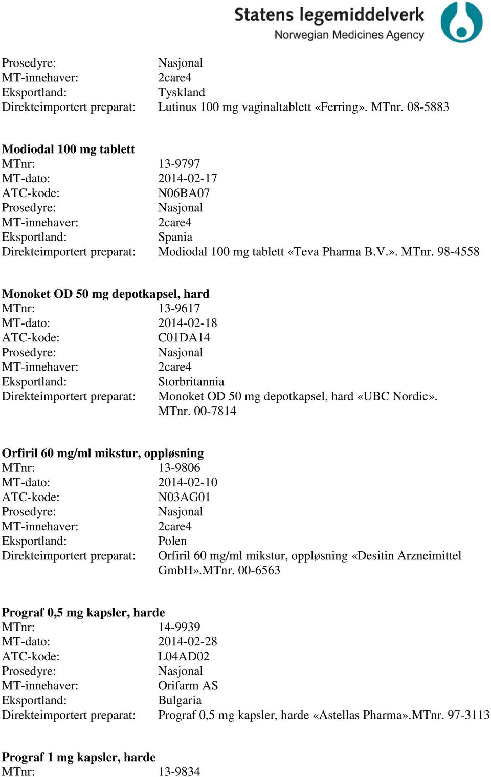 13-9797 MT-dato: 2014-02-17 N06BA07 2care4 Spania Modiodal 100 mg tablett «Teva Pharma B.V.». MTnr.