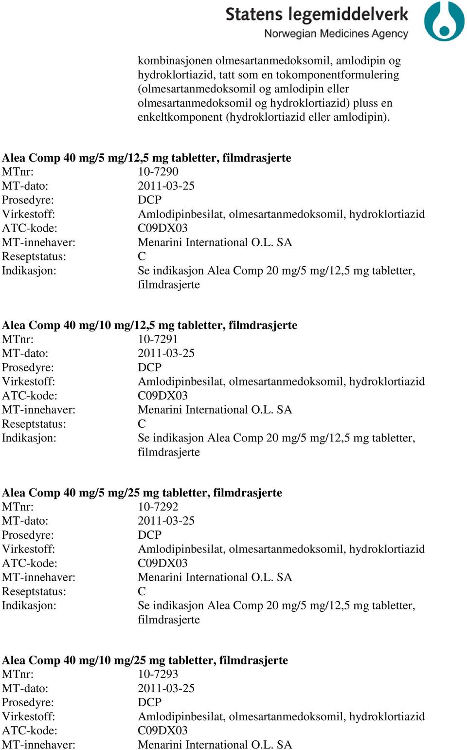 Alea omp 40 mg/5 mg/12,5 mg tabletter, filmdrasjerte MTnr: 10-7290 MT-dato: 2011-03-25 DP Amlodipinbesilat, olmesartanmedoksomil, hydroklortiazid 09DX03 Menarini International O.L.