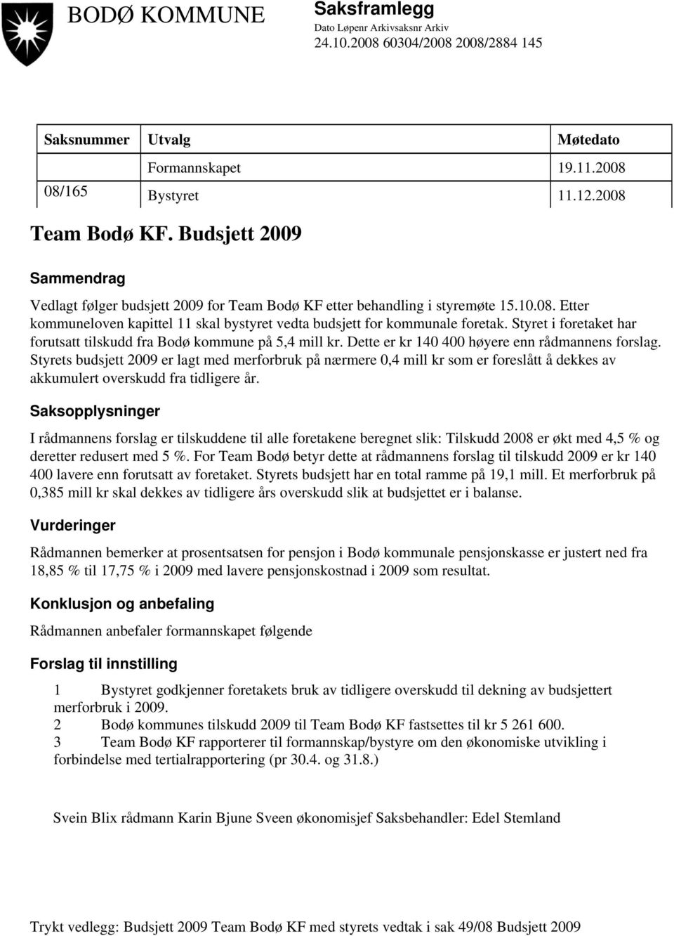 Styret i foretaket har forutsatt tilskudd fra Bodø kommune på 5,4 mill kr. Dette er kr 140 400 høyere enn rådmannens forslag.