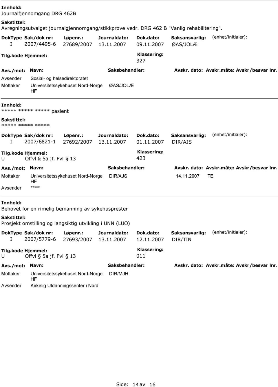 Fvl 13 423 DR/AJS ***** nnhold: Behovet for en rimelig bemanning av sykehusprester Prosjekt omstilling og langsiktig utvikling i NN