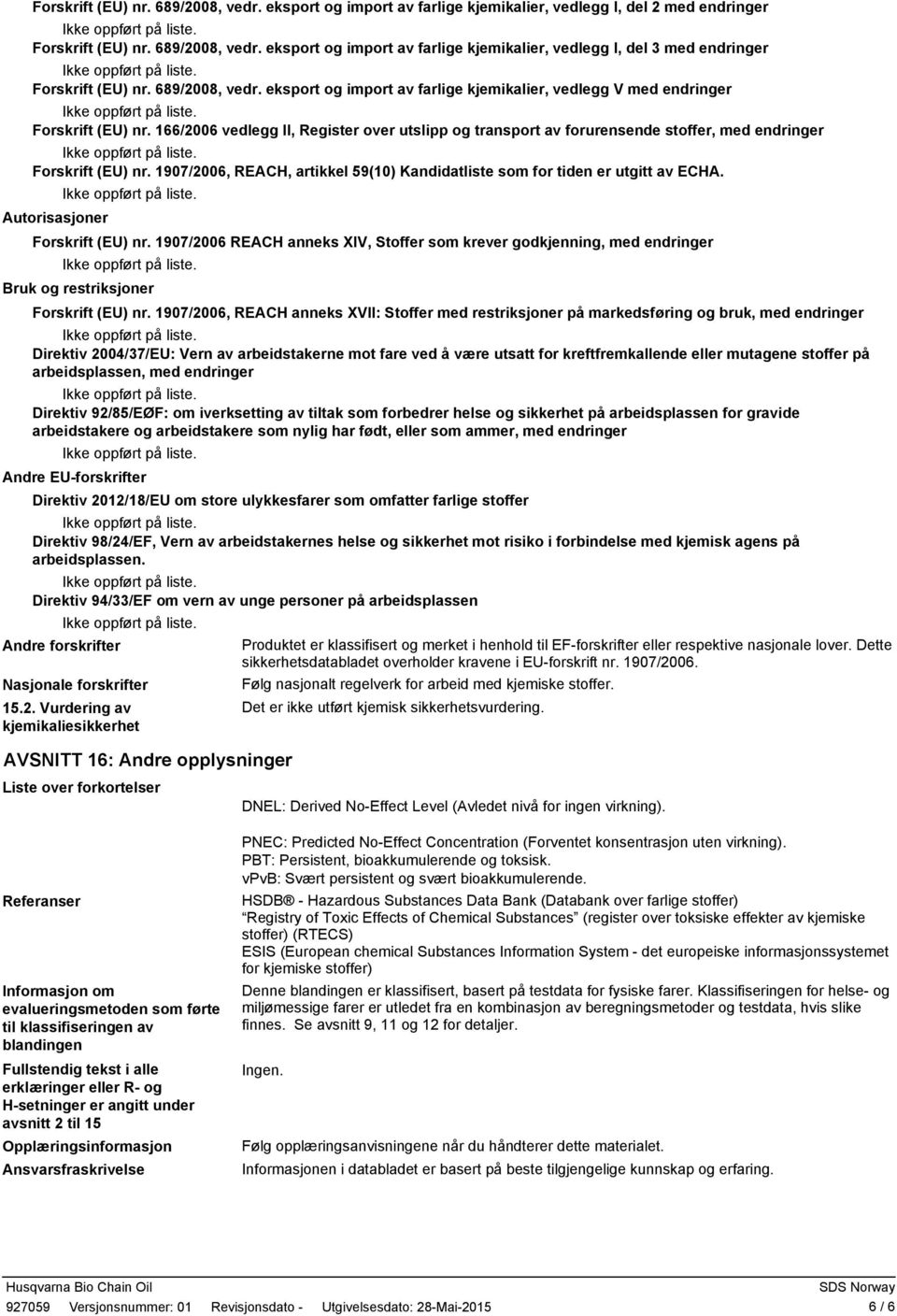 166/2006 vedlegg II, Register over utslipp og transport av forurensende stoffer, med endringer Forskrift (EU) nr. 1907/2006, REACH, artikkel 59(10) Kandidatliste som for tiden er utgitt av ECHA.