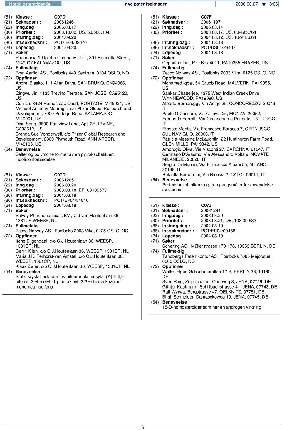 20 Pharmacia & Upjohn Company LLC, 301 Henrietta Street, MI49007 KALAMAZOO, Bryn Aarflot AS, Postboks 449 Sentrum, 0104 Andrei Blasko, 111 Allen Drive, SAN BRU, CN94066, Qingwu Jin, 1135 Trevino