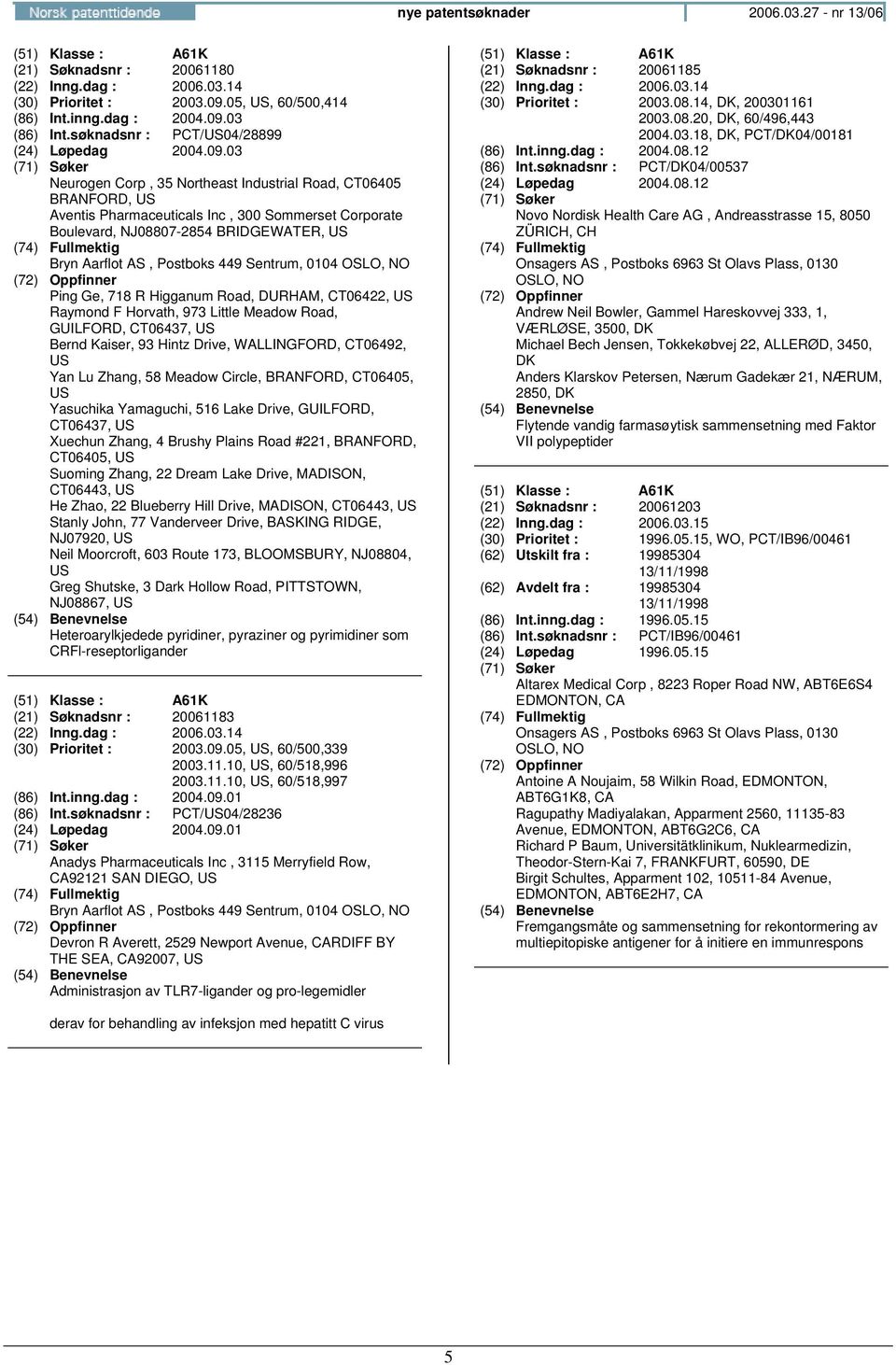 03 Neurogen Corp, 35 Northeast Industrial Road, CT06405 BRANFORD, Aventis Pharmaceuticals Inc, 300 Sommerset Corporate Boulevard, NJ08807-2854 BRIDGEWATER, Bryn Aarflot AS, Postboks 449 Sentrum, 0104