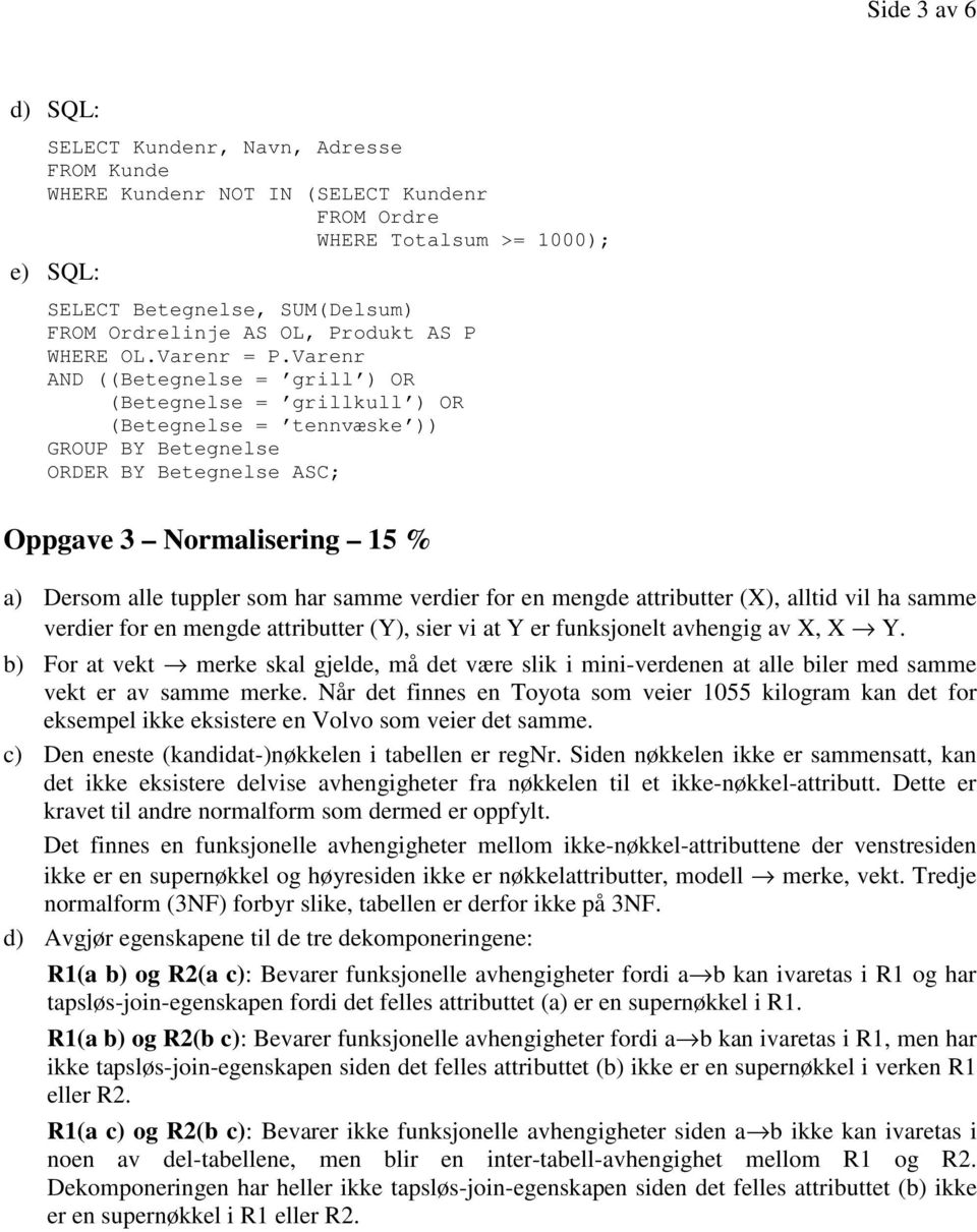 Varenr AND ((Betegnelse = grill ) OR (Betegnelse = grillkull ) OR (Betegnelse = tennvæske )) GROUP BY Betegnelse ORDER BY Betegnelse ASC; Oppgave 3 Normalisering 15 % a) Dersom alle tuppler som har