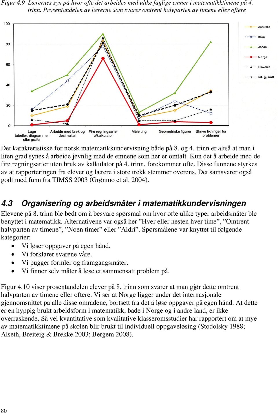 trinn er altså at man i liten grad synes å arbeide jevnlig med de emnene som her er omtalt. Kun det å arbeide med de fire regningsarter uten bruk av kalkulator på 4. trinn, forekommer ofte.