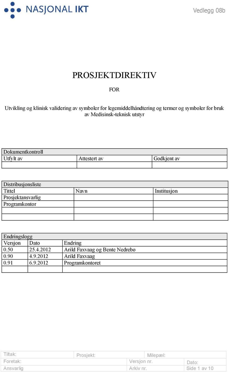 Tittel Navn Institusjon Prosjektansvarlig Programkontor Endringslogg Versjon Dato Endring 0.50 25.4.