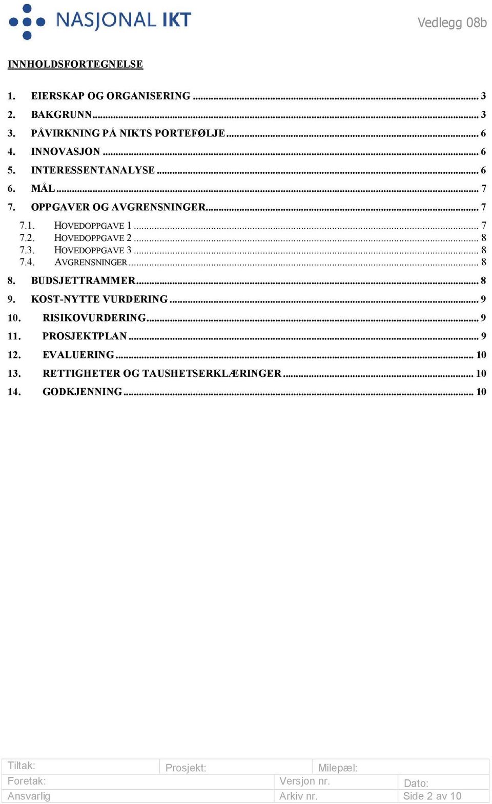 HOVEDOPPGAVE 3... 8 7.4. AVGRENSNINGER... 8 8. BUDSJETTRAMMER... 8 9. KOST-NYTTE VURDERING... 9 10. RISIKOVURDERING... 9 11.