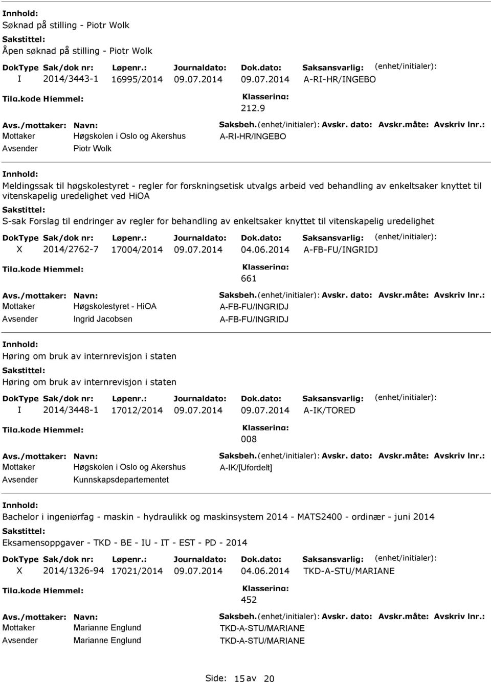 vitenskapelig uredelighet ved HiOA S-sak Forslag til endringer av regler for behandling av enkeltsaker knyttet til vitenskapelig uredelighet X 2014/2762-7 17004/2014 04.06.2014 A-FB-FU/NGRDJ 661 Avs.