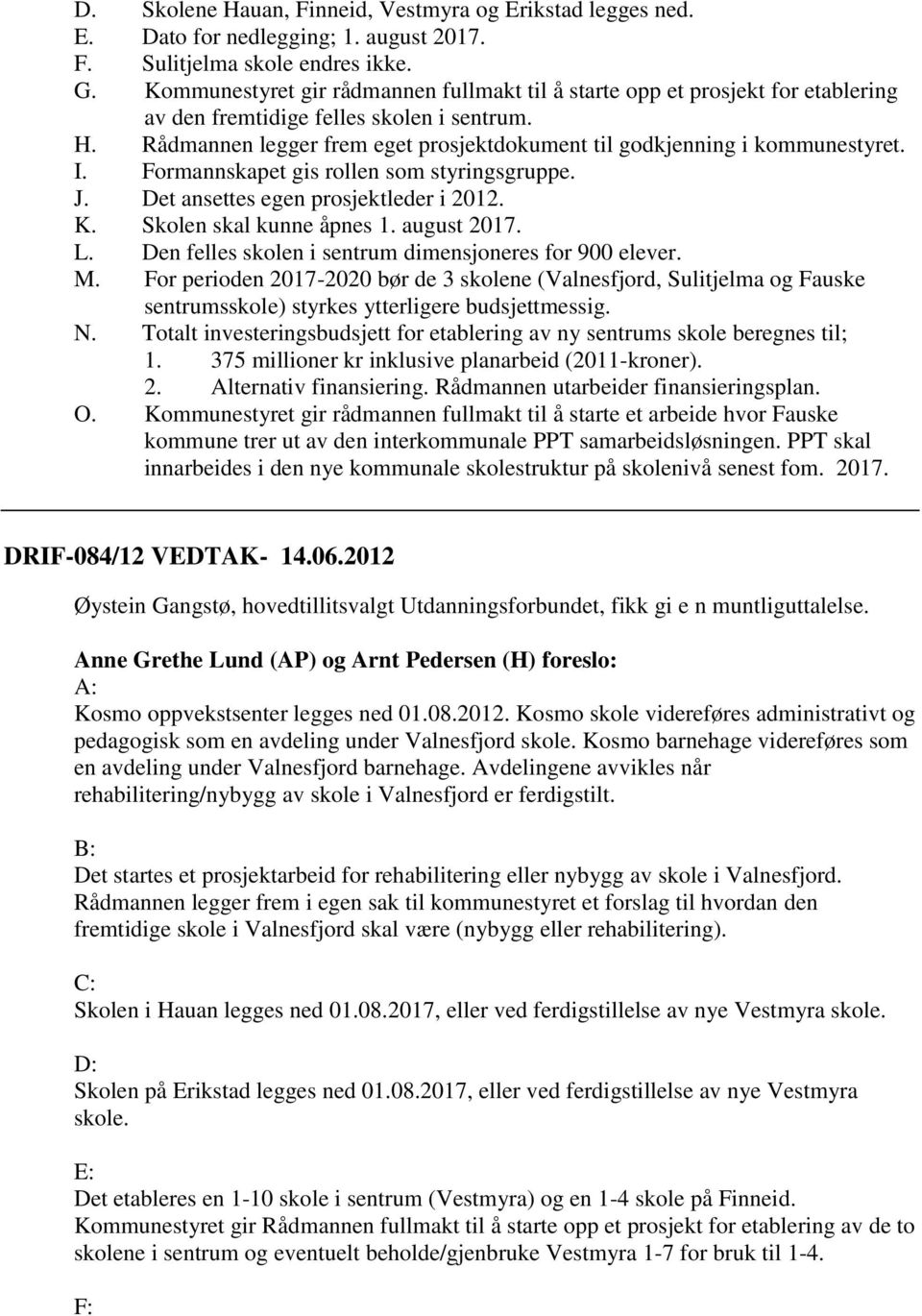 Rådmannen legger frem eget prosjektdokument til godkjenning i kommunestyret. I. Formannskapet gis rollen som styringsgruppe. J. Det ansettes egen prosjektleder i 2012. K. Skolen skal kunne åpnes 1.