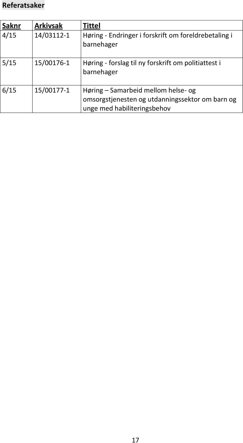 ny forskrift om politiattest i barnehager 6/15 15/00177-1 Høring Samarbeid