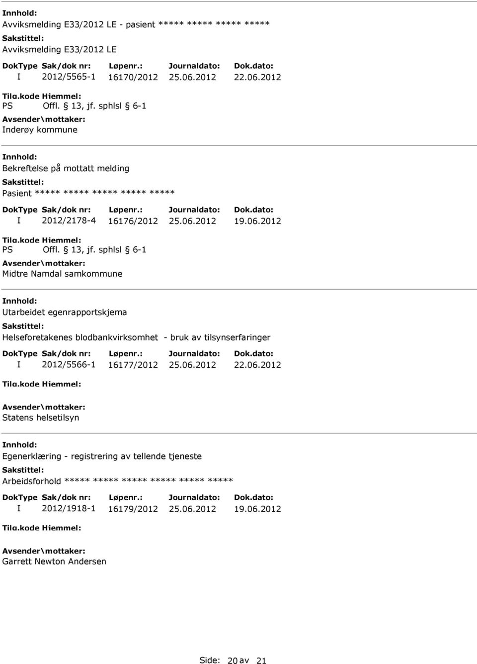 2012 nnhold: Utarbeidet egenrapportskjema Helseforetakenes blodbankvirksomhet - bruk av tilsynserfaringer 2012/5566-1 16177/2012 Statens