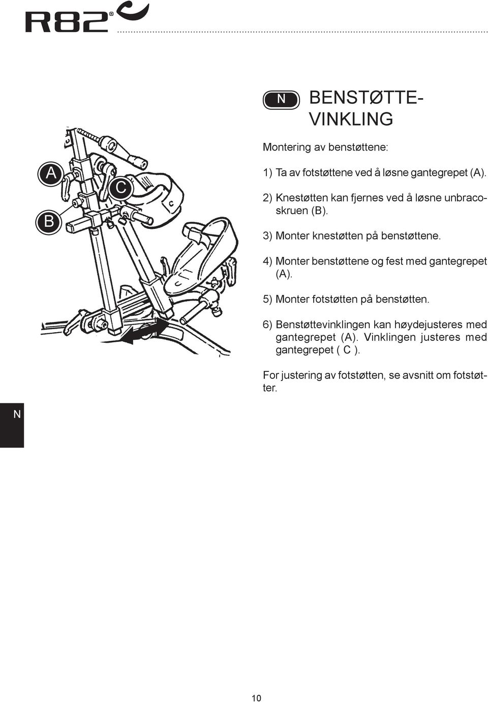 4) Monter benstøttene og fest med gantegrepet (). 5) Monter fotstøtten på benstøtten.