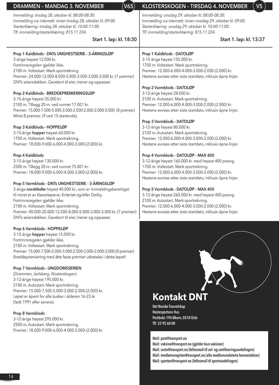 Innmelding via internett: innen onsdag 29. oktober kl. 09:00. Starterklæring: onsdag 29. oktober kl. 10:00-11:00. Tlf. innmelding/starterklæring: 815 11 224. Start 1. løp: kl.