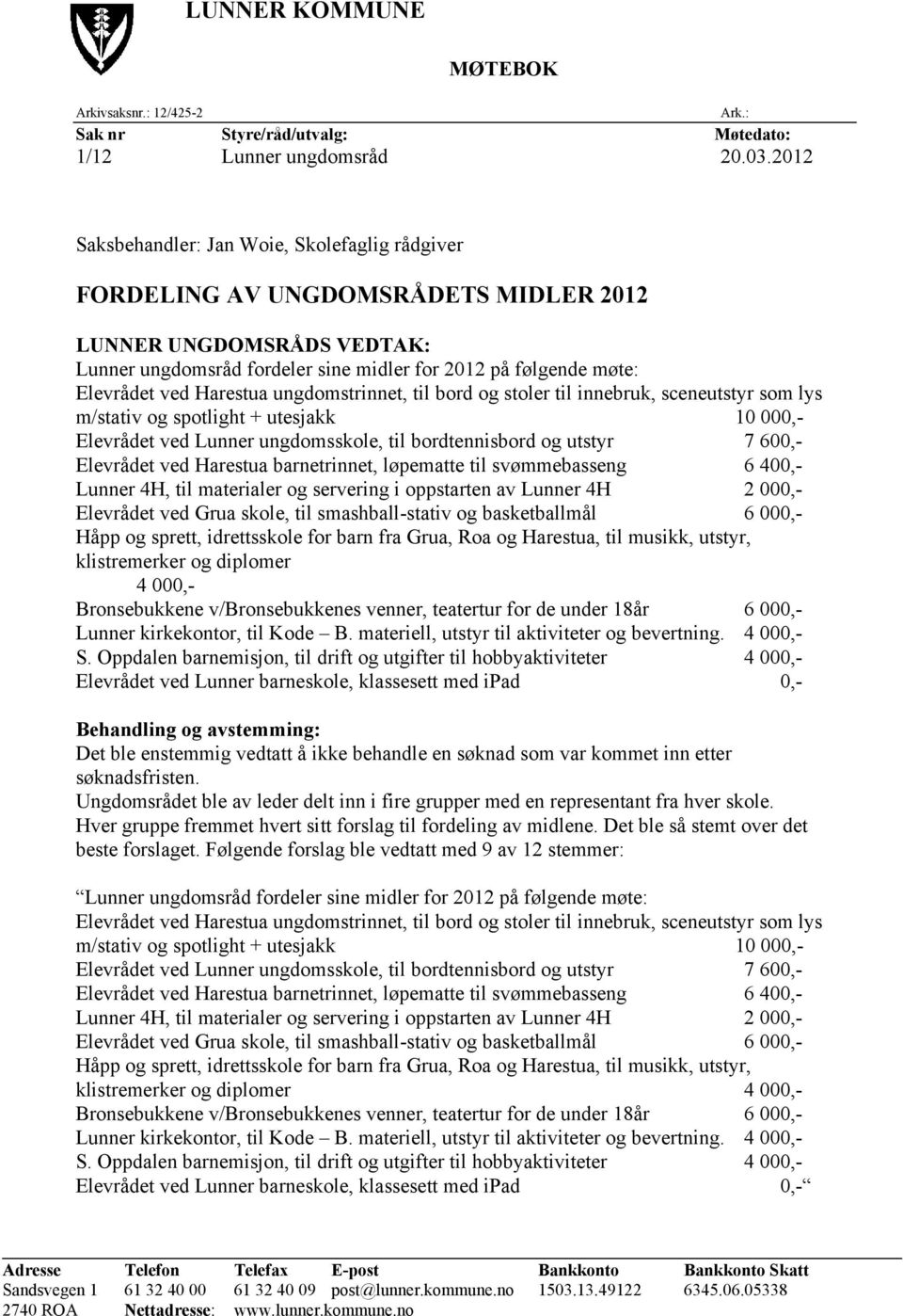 Harestua ungdomstrinnet, til bord og stoler til innebruk, sceneutstyr som lys m/stativ og spotlight + utesjakk 10 000,- Elevrådet ved Lunner ungdomsskole, til bordtennisbord og utstyr 7 600,-