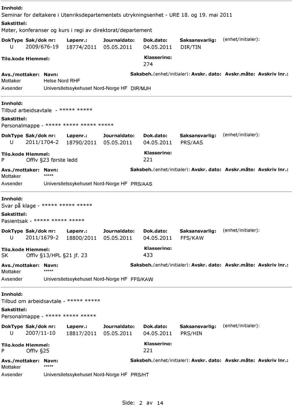 : Mottaker Helse Nord RHF niversitetssykehuset Nord-Norge HF DR/MJH Tilbud arbeidsavtale - ***** ***** ersonalmappe - ***** ***** ***** ***** 2011/1704-2 18790/2011 RS/AAS Avs.