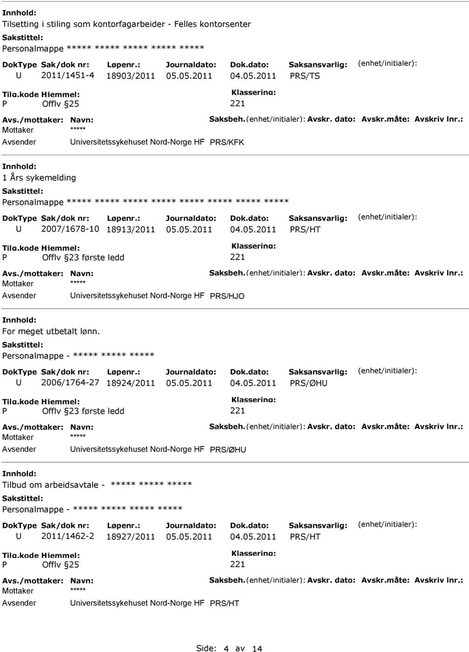 Avskr. dato: Avskr.måte: Avskriv lnr.: niversitetssykehuset Nord-Norge HF RS/HJO For meget utbetalt lønn. ersonalmappe - ***** ***** ***** 2006/1764-27 18924/2011 RS/ØH Avs./mottaker: Navn: Saksbeh.