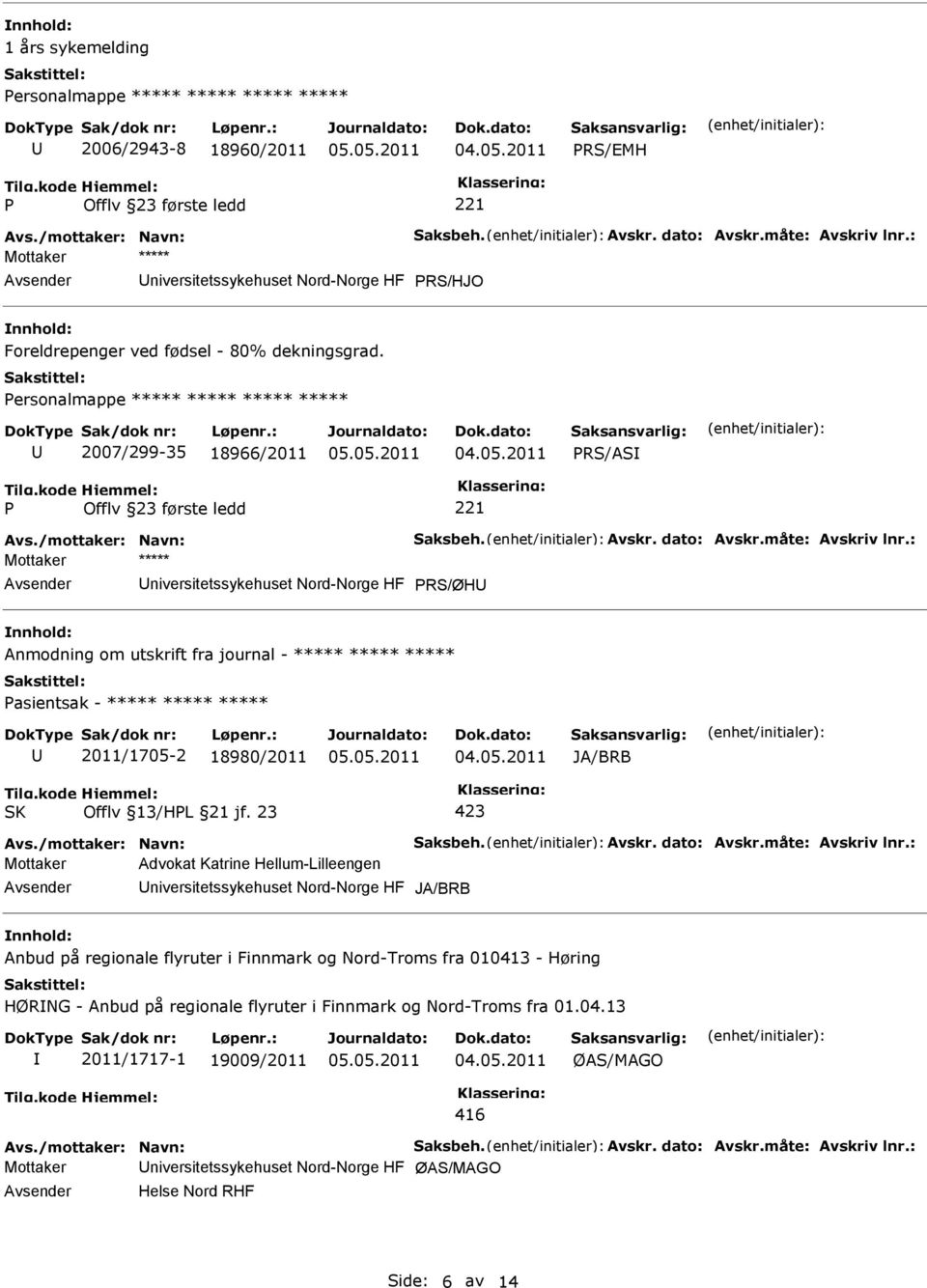 dato: Avskr.måte: Avskriv lnr.: niversitetssykehuset Nord-Norge HF RS/ØH Anmodning om utskrift fra journal - ***** ***** ***** asientsak - ***** ***** ***** 2011/1705-2 18980/2011 JA/BRB Avs.