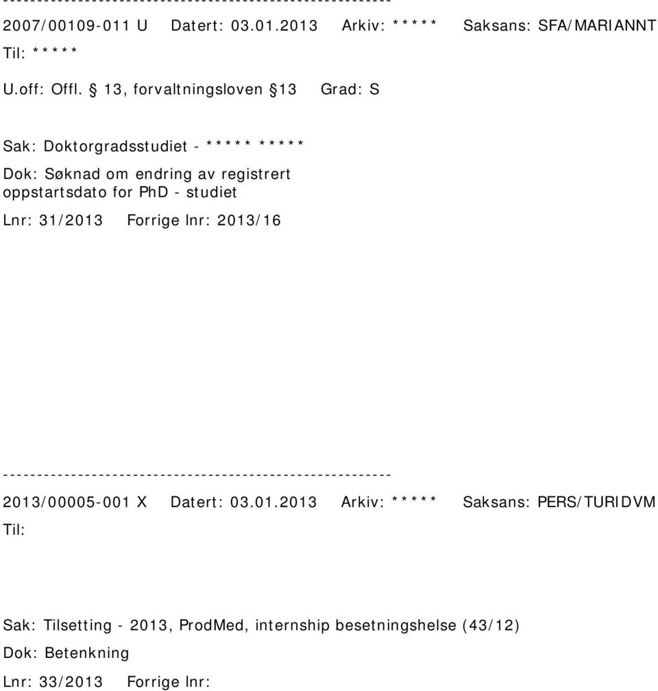 oppstartsdato for PhD - studiet Lnr: 31/2013