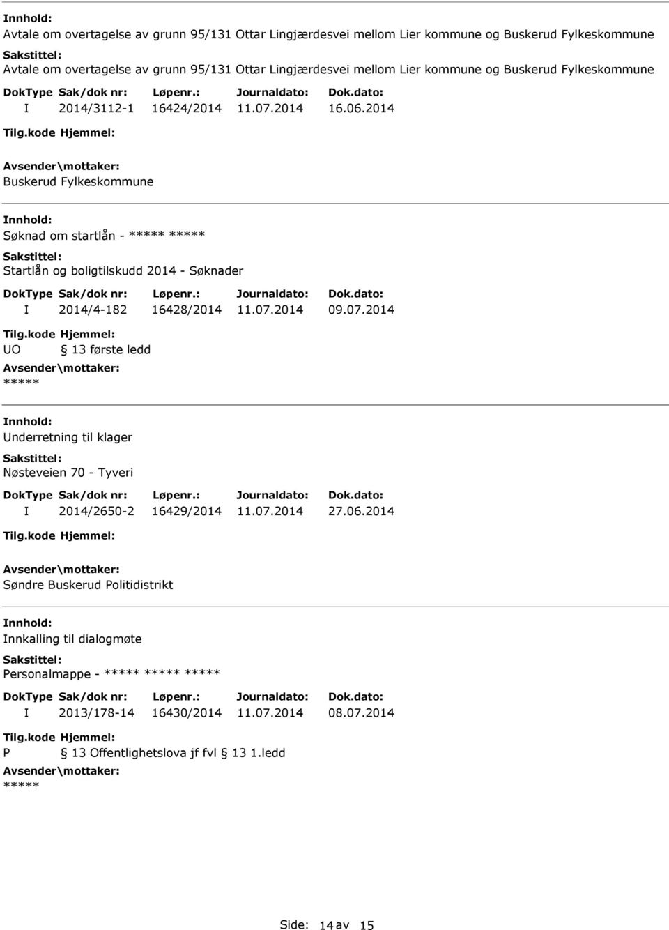 2014 Buskerud Fylkeskommune Søknad om startlån - Startlån og boligtilskudd 2014 - Søknader 2014/4-182 16428/2014 O 13 første ledd nderretning til