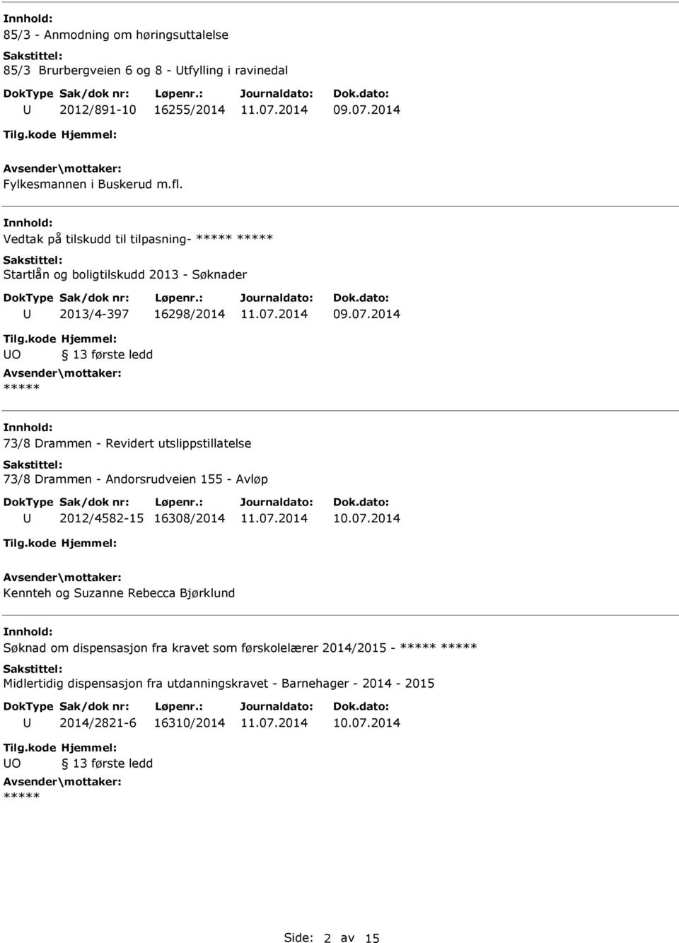 utslippstillatelse 73/8 Drammen - Andorsrudveien 155 - Avløp 2012/4582-15 16308/2014 Kennteh og Suzanne Rebecca Bjørklund Søknad om dispensasjon
