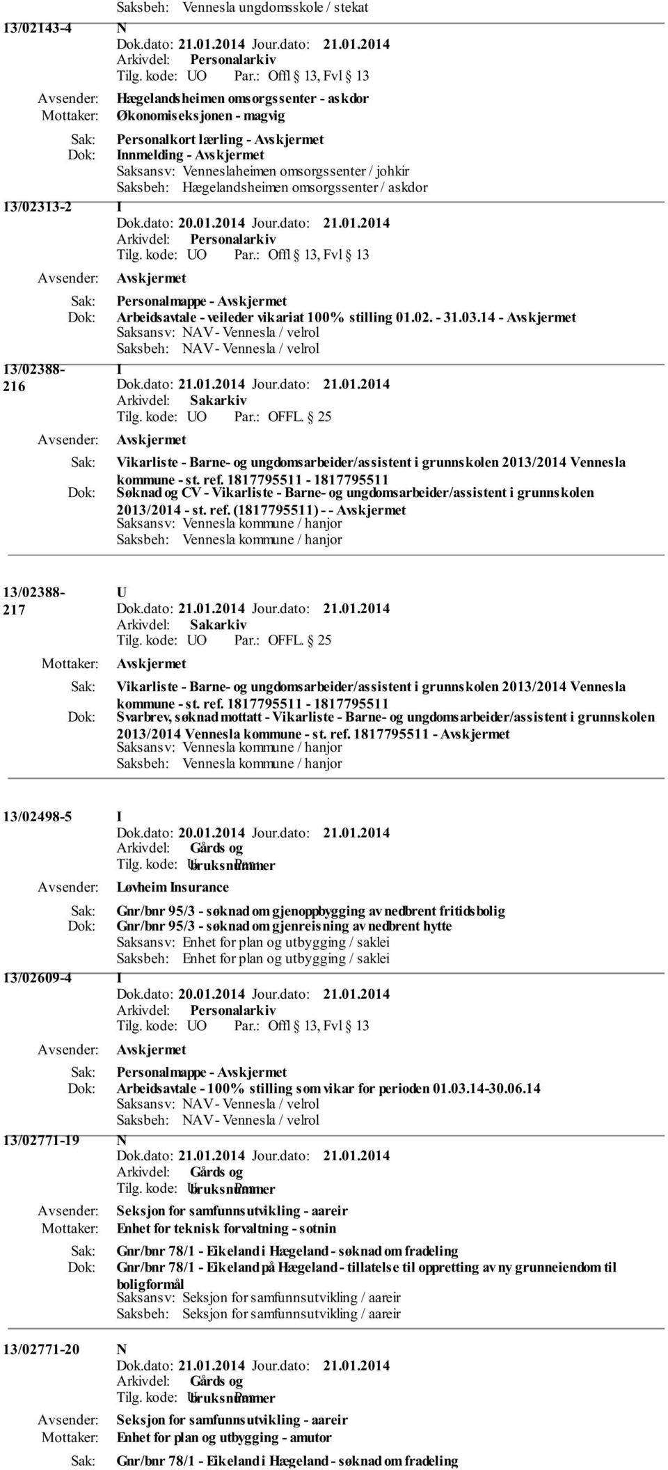 14 - Saksansv: NAV - Vennesla / velrol Saksbeh: NAV - Vennesla / velrol I Tilg. kode: UO OFFL. 25 Vikarliste - Barne- og ungdomsarbeider/assistent i grunnskolen 2013/2014 Vennesla kommune - st. ref.