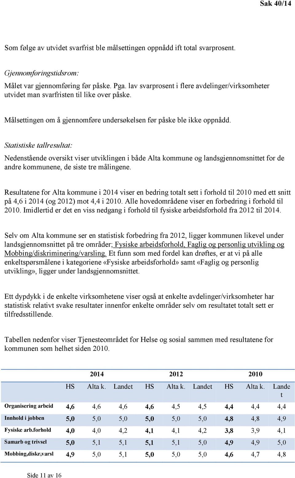 Statistiske tallresultat: Nedenstående oversikt viser utviklingen i både Alta kommune og landsgjennomsnittet for de andre kommunene, de siste tre målingene.