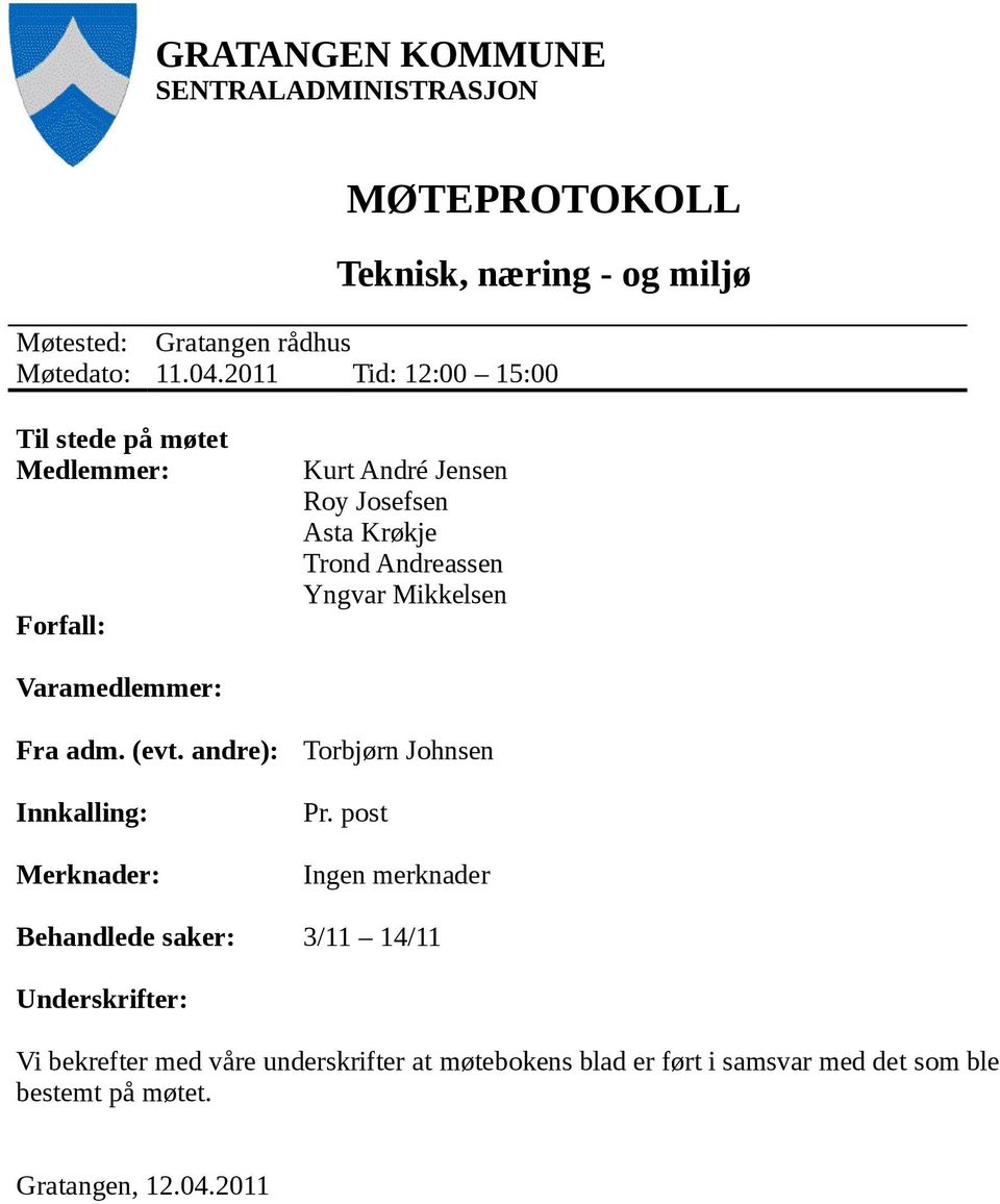 Mikkelsen Varamedlemmer: Fra adm. (evt. andre): Innkalling: Merknader: Torbjørn Johnsen Pr.