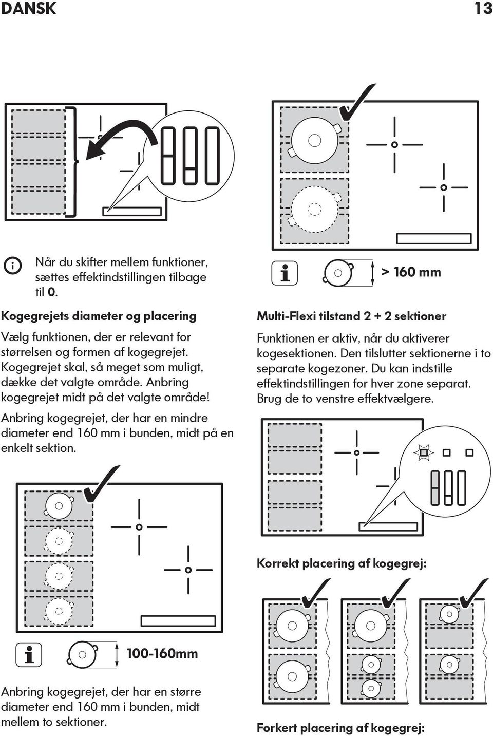 Anbring kogegrejet, der har en mindre diameter end 160 mm i bunden, midt på en enkelt sektion. > 160 mm Multi-Flexi tilstand 2 + 2 sektioner Funktionen er aktiv, når du aktiverer kogesektionen.