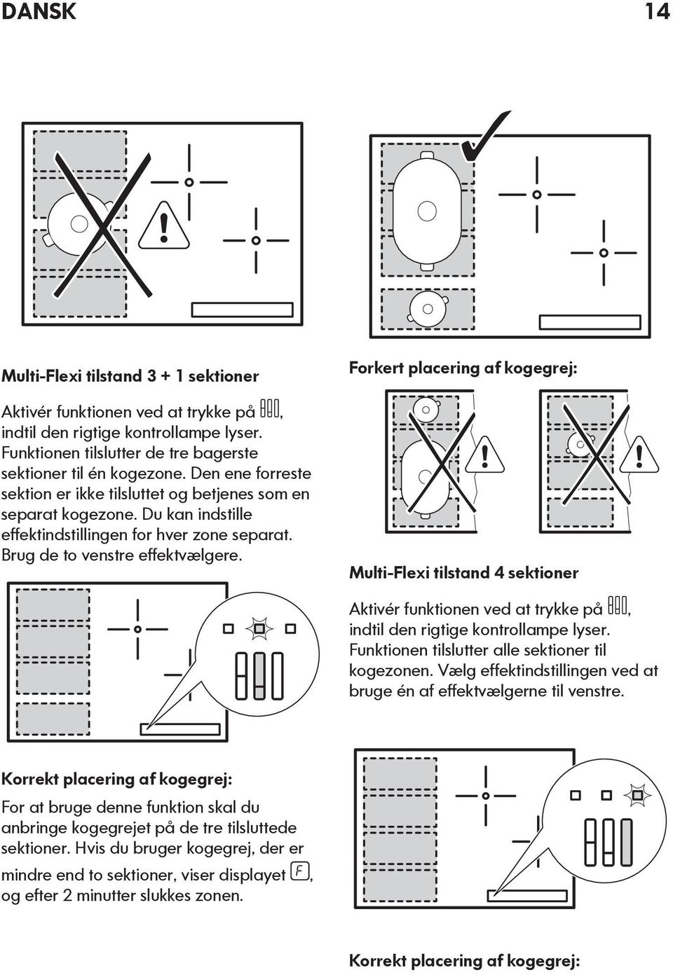 Forkert placering af kogegrej: Multi-Flexi tilstand 4 sektioner Aktivér funktionen ved at trykke på, indtil den rigtige kontrollampe lyser. Funktionen tilslutter alle sektioner til kogezonen.