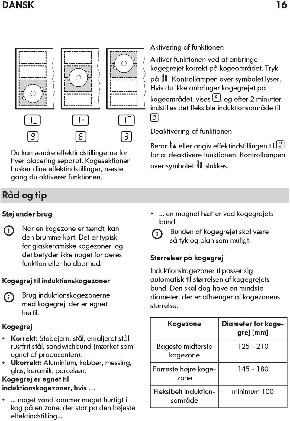 Deaktivering af funktionen Du kan ændre effektindstillingerne for hver placering separat. Kogesektionen husker dine effektindstillinger, næste gang du aktiverer funktionen.