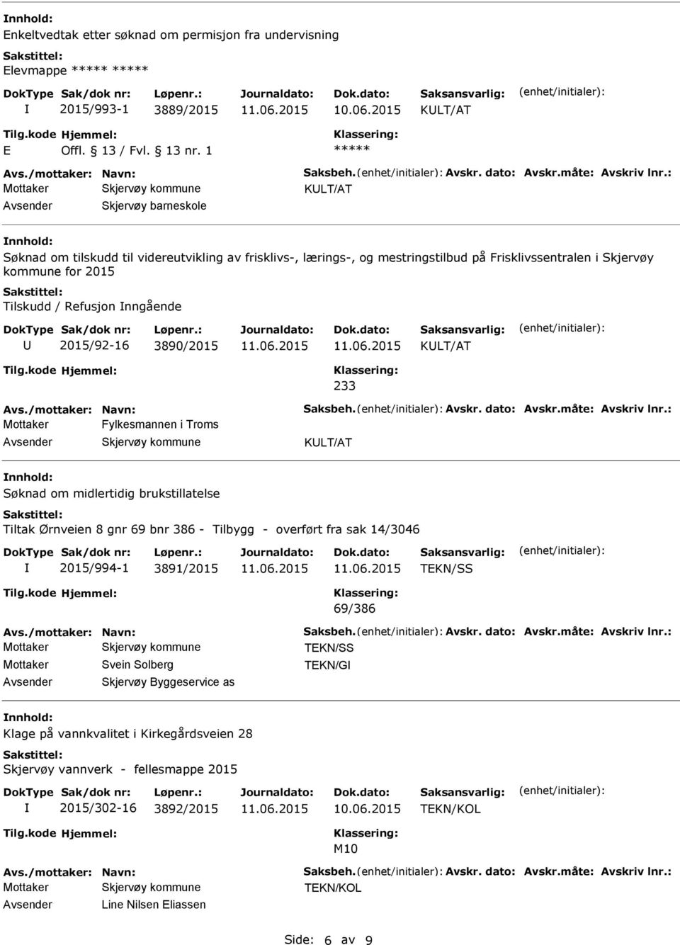 2015/92-16 3890/2015 KLT/AT 233 Avs./mottaker: Navn: Saksbeh. Avskr. dato: Avskr.måte: Avskriv lnr.