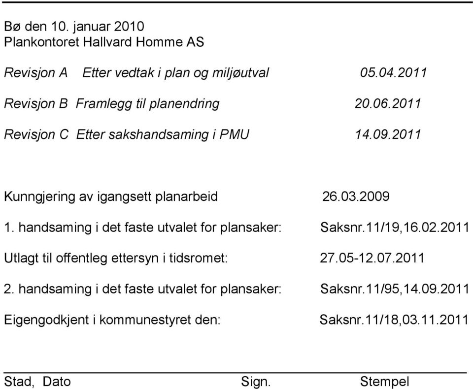 2011 Kunngjering av igangsett planarbeid 26.03.2009 1. handsaming i det faste utvalet for plansaker: Saksnr.11/19,16.02.