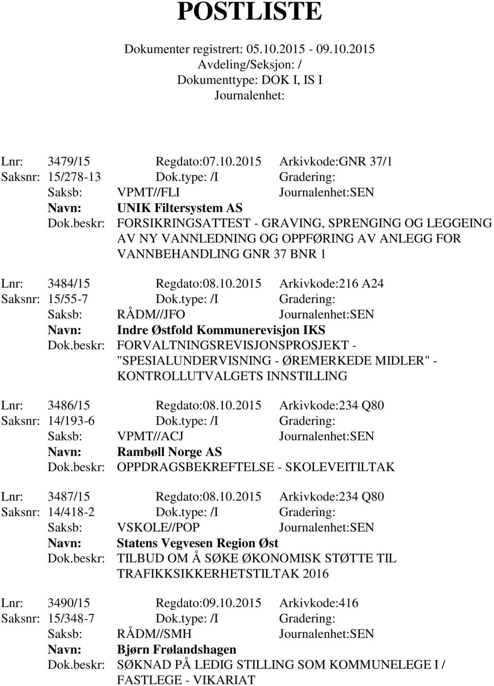 2015 Arkivkode:216 A24 Saksnr: 15/55-7 Dok.type: /I Gradering: Saksb: RÅDM//JFO SEN Navn: Indre Østfold Kommunerevisjon IKS Dok.