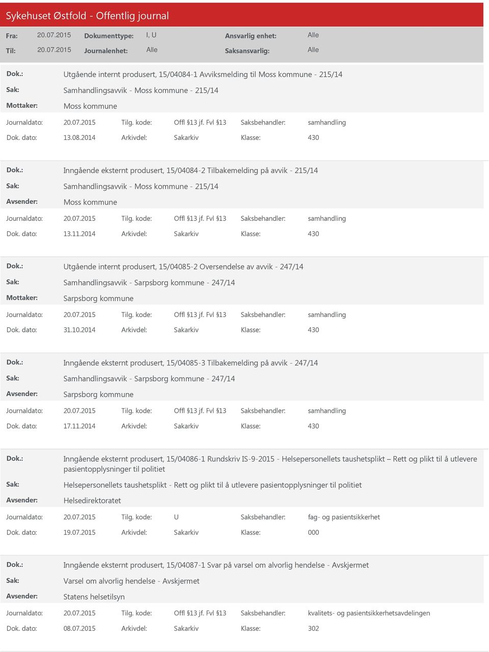 2014 Arkivdel: Sakarkiv Inngående eksternt produsert, 15/04085-3 Tilbakemelding på avvik - 247/14 Samhandlingsavvik - Sarpsborg kommune - 247/14 Sarpsborg kommune Dok. dato: 17.11.