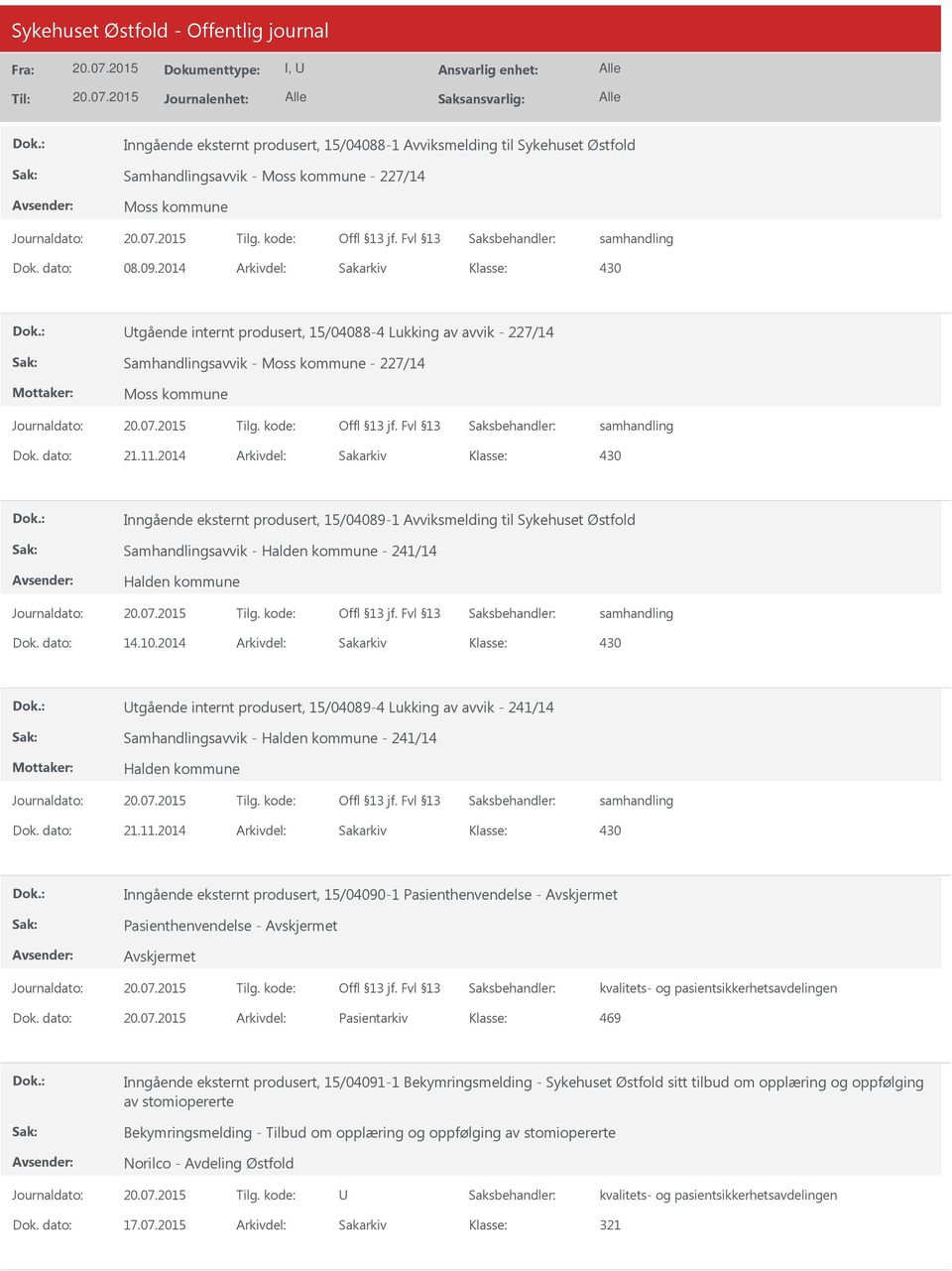 2014 Arkivdel: Sakarkiv Inngående eksternt produsert, 15/04089-1 Avviksmelding til Sykehuset Østfold Samhandlingsavvik - Halden kommune - 241/14 Halden kommune Dok. dato: 14.10.