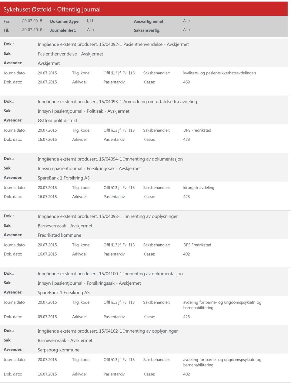 dato: 16.07.2015 Arkivdel: Pasientarkiv Inngående eksternt produsert, 15/04094-1 Innhenting av dokumentasjon Innsyn i pasientjournal - Forsikringssak - SpareBank 1 Forsikring AS Dok. dato: 16.07.2015 Arkivdel: Pasientarkiv Inngående eksternt produsert, 15/04098-1 Innhenting av opplysninger Fredrikstad kommune DPS Fredrikstad Dok.