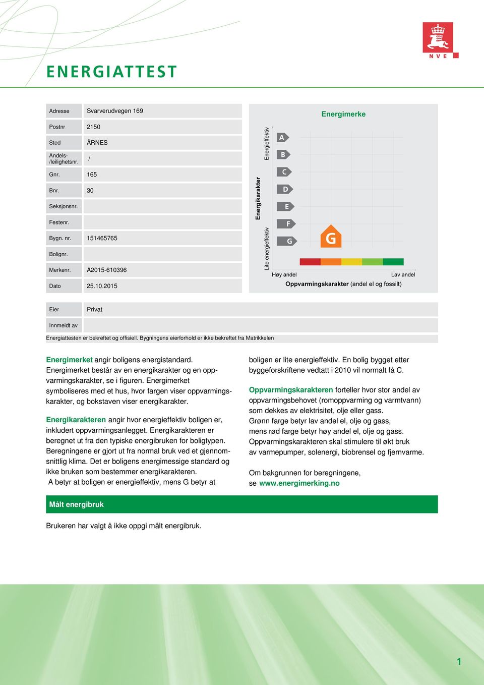 Energimerket består av en energikarakter og en oppvarmingskarakter, se i figuren. Energimerket symboliseres med et hus, hvor fargen viser oppvarmingskarakter, og bokstaven viser energikarakter.