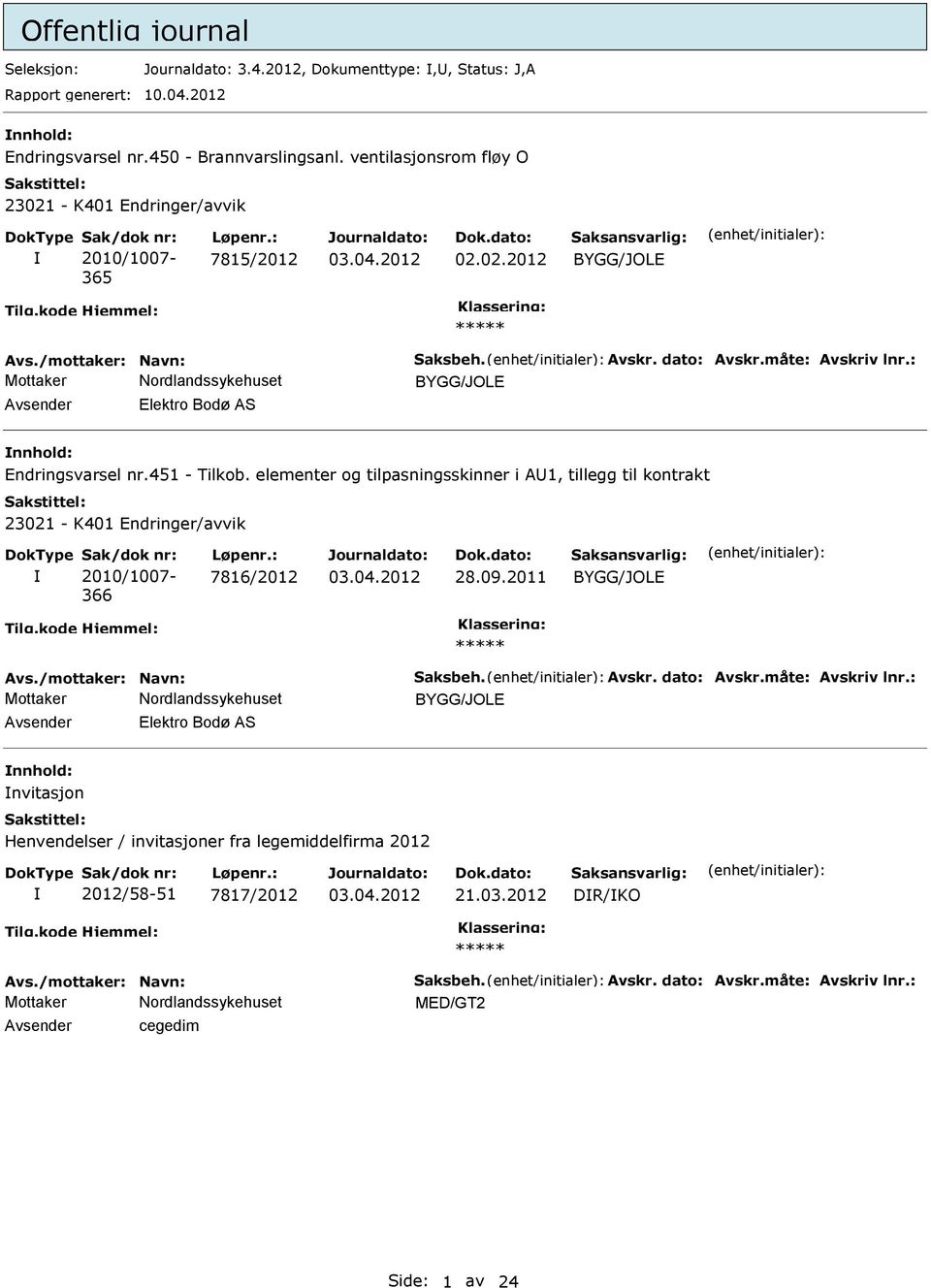 elementer og tilpasningsskinner i AU1, tillegg til kontrakt 366 7816/2012 28.09.2011 Avs./mottaker: Navn: Saksbeh. Avskr. dato: Avskr.måte: Avskriv lnr.