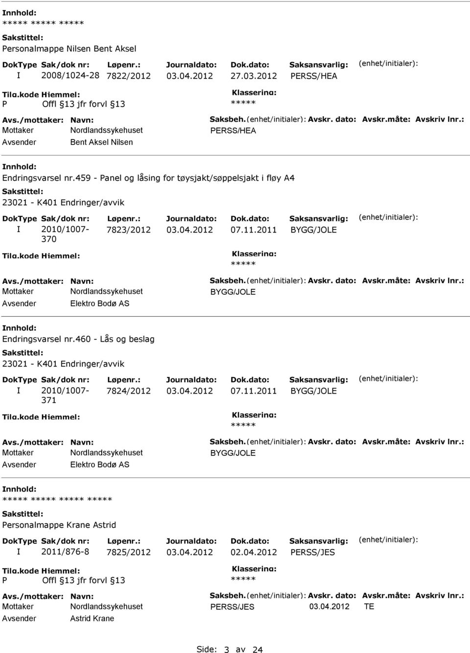 Avskr. dato: Avskr.måte: Avskriv lnr.: nnhold: Endringsvarsel nr.460 - Lås og beslag 371 7824/2012 07.11.2011 Avs./mottaker: Navn: Saksbeh. Avskr. dato: Avskr.måte: Avskriv lnr.: nnhold: ersonalmappe Krane Astrid 2011/876-8 7825/2012 02.