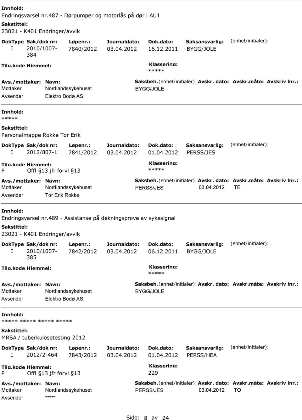 : ERSS/JES TE Avsender Tor Erik Rokke nnhold: Endringsvarsel nr.489 - Assistanse på dekningsprøve av sykesignal 385 7842/2012 06.12.2011 Avs./mottaker: Navn: Saksbeh. Avskr.