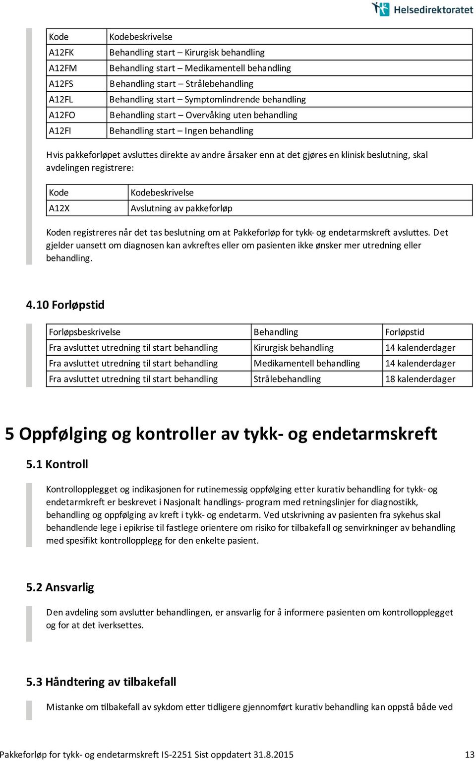 registrere: A12X Avslutning av pakkeforløp n registreres na r det tas beslutning om at Pakkeforløp for tykk- og endetarmskre avslu es.