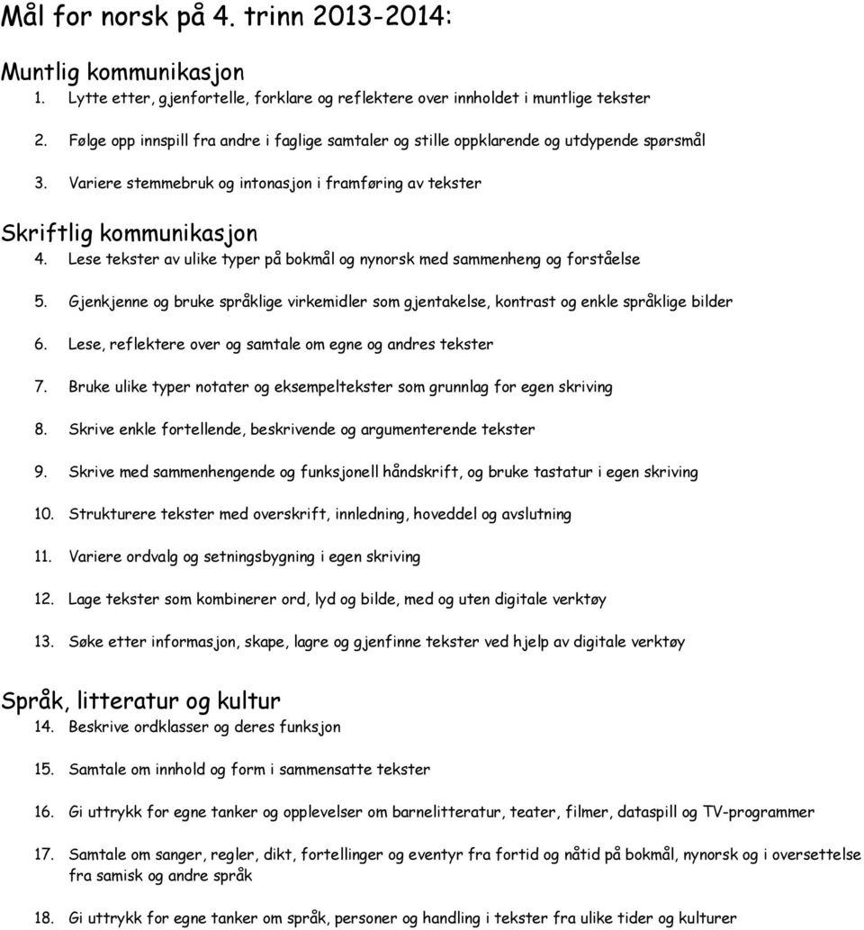 Lese tekster av ulike typer på bokmål og nynorsk med sammenheng og forståelse 5. Gjenkjenne og bruke språklige virkemidler som gjentakelse, kontrast og enkle språklige bilder 6.